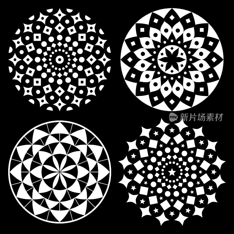 Mandala vector pattern set, bohemian zen yoga design, Asian ethnic design in white on black